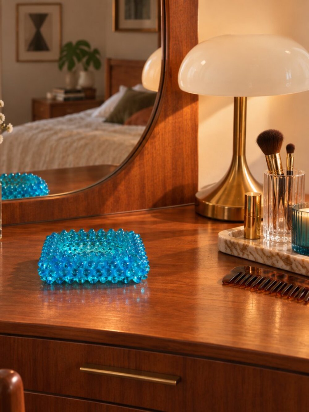 Vintage Blue Opalescent Hobnail Glass Square Candle Holder Bowl Taper Dish